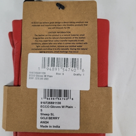 Ecco Unisex Plain Leather Gloves With Wool Lining And Elastic Wrist Sz Small NWT - Picture 4 of 5